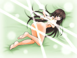 Rule 34 | 1girl, ass, barefoot, blush, brown eyes, brown hair, censored, feet, kotegawa yui, light rays, long hair, nude, open mouth, pointing, soles, solo, takoyaki shoujo, to love-ru, toes, very long hair