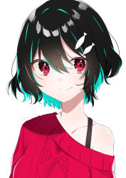 Rule 34 | 1girl, abe suke, absurdres, bare shoulders, black hair, blue hair, closed mouth, collarbone, copyright request, fish hair ornament, hair between eyes, hair ornament, highres, indie virtual youtuber, multicolored hair, off shoulder, red eyes, red sweater, ribbed sweater, signature, simple background, smile, solo, sweater, two-tone hair, upper body, virtual youtuber, white background