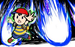 Rule 34 | backpack, bag, blue fire, fire, highres, meteor shower, ness (mother 2), non-web source, shirt, striped clothes, striped shirt