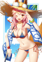 Rule 34 | 1girl, ;d, animal ears, arm up, bikini, blue bikini, blush, bracelet, breasts, cleavage, collarbone, ears through headwear, fang, fate/grand order, fate (series), flag, fox ears, fox print, fox tail, hat, highres, holding, holding flag, jewelry, ji dao ji, large breasts, leaning forward, long hair, looking at viewer, navel, one eye closed, open mouth, pink hair, sidelocks, smile, solo, straw hat, sun hat, swimsuit, tail, tamamo (fate), tamamo no mae (fate/extra), tamamo no mae (swimsuit lancer) (fate), tamamo no mae (swimsuit lancer) (second ascension) (fate), underboob