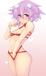 Rule 34 | 1girl, ass, between legs, blush, breasts, chocolate, cowboy shot, d-pad, d-pad hair ornament, dura, from side, hair between eyes, hair ornament, hand between legs, heart, heart background, looking at viewer, naked ribbon, navel, neptune (neptunia), neptune (series), open mouth, pointing, pointing at self, purple eyes, purple hair, ribbon, short hair, small breasts, solo, thighs, valentine