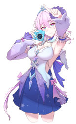 Rule 34 | 1girl, absurdres, armpit crease, artist name, bare shoulders, blue dress, blue eyes, blue hair, breasts, camera, chinese commentary, cleavage, closed mouth, colored tips, commentary request, cowboy shot, cropped legs, detached sleeves, dress, hands up, highres, holding, holding camera, honkai: star rail, honkai (series), long sleeves, looking at viewer, march 7th (dress) (honkai: star rail), march 7th (honkai: star rail), medium breasts, medium hair, multicolored clothes, multicolored dress, multicolored hair, official alternate costume, pink eyes, pink hair, purple sleeves, quietmrcat, simple background, smile, solo, tiara, two-tone eyes, white background
