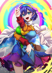 Rule 34 | 1girl, :d, aura, blue eyes, blush, breasts, cape, commentary request, cowboy shot, fingernails, hair between eyes, hairband, highres, large breasts, long sleeves, looking at viewer, multicolored clothes, multicolored hairband, nail polish, open mouth, patchwork clothes, pointing, pointing down, pointing up, pouch, purple hair, rainbow order, red button, red nails, rihito (usazukin), short hair, sky print, smile, solo, sparkle, standing, teeth, tenkyuu chimata, tongue, touhou, upper teeth only, white cape, zipper pull tab