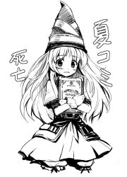 Rule 34 | 1girl, book, cropped legs, dress, greyscale, grimgrimoire, hat, holding, holding book, lillet blan, long sleeves, looking at viewer, monochrome, nippon ichi, hugging object, party hat, r-type nirvana, solo, wrist cuffs