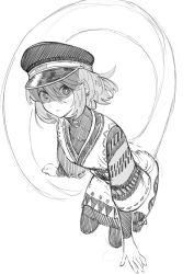 Rule 34 | 1girl, blush, grey background, greyscale, hat, hatching (texture), highres, looking at viewer, monochrome, omao51062020, original, parted lips, patterned, patterned clothing, short hair, simple background, sketch, solo, tail, traditional media, turtleneck