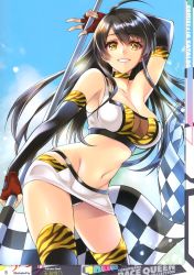 Rule 34 | 1girl, absurdres, ahoge, armpits, artist name, black hair, breasts, checkered flag, cleavage, cloud, cloudy sky, collarbone, day, elbow gloves, fingerless gloves, flag, gloves, highres, holding, long hair, looking at viewer, medium breasts, midriff, miniskirt, outdoors, page number, panties, parted lips, scan, skirt, sky, smile, solo, thighhighs, toranoana, underwear, yellow eyes, yukino amagai