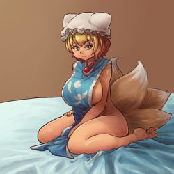 Rule 34 | 1girl, bare arms, bare legs, bare shoulders, barefoot, bed, bed sheet, bedroom, blonde hair, breasts, chanta (ayatakaoisii), curvy, feet, female focus, fox tail, hat, hip focus, huge breasts, kneeling, large breasts, legs, mob cap, multiple tails, naked tabard, short hair, sideboob, simple background, solo, tabard, tail, thick thighs, thighs, touhou, wide hips, yakumo ran, yellow eyes