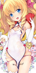 Rule 34 | 10s, 1girl, amagi brilliant park, blonde hair, blue eyes, body writing, breasts, china dress, chinese clothes, chiyami, cleavage cutout, clothing cutout, dakimakura (medium), dress, drill hair, elbow gloves, gloves, hip focus, jewelry, latifa fleuranza, long hair, lying, marble (toy), necklace, on back, open mouth, panties, panty pull, side-tie panties, small breasts, smile, solo, stuffed toy, thighhighs, tongue, twin drills, underwear, white thighhighs