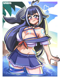 Rule 34 | 1girl, absurdres, ahoge, artist name, bikini, bikini under clothes, black hair, black skirt, blue sky, blush, breasts, cetacean tail, cleavage, cloud, cloudy sky, cowboy shot, cropped legs, cropped shirt, fins, fish tail, highres, indie virtual youtuber, large breasts, leaf, long hair, midriff, multicolored hair, navel, orca girl, outdoors, sagas293, shylily, shylily (1st costume), skindentation, skirt, sky, smile, solo, streaked hair, swimsuit, tail, tattoo, tree, virtual youtuber, white hair