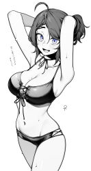Rule 34 | 1girl, :d, absurdres, ahoge, armpits, arms up, blue eyes, blush, braid, breasts, choker, cleavage, collarbone, cow, cowboy shot, genderswap, genderswap (mtf), grey theme, highres, indie virtual youtuber, kushizaki (vtuber), large breasts, looking at viewer, monochrome, navel, open mouth, ribbon, ribbon choker, short hair, simple background, smile, solo, st (youx1119), swept bangs, translation request, venus symbol, virtual youtuber, white background