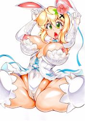 Rule 34 | 1girl, akatsuki kirika, animal ears, blonde hair, blush, breasts, breasts apart, cameltoe, commission, covered navel, elbow gloves, flower, gloves, green eyes, hair flower, hair ornament, highres, large breasts, leotard, looking at viewer, love0craft, marker (medium), nipples, rabbit ears, rose, senki zesshou symphogear, shiny clothes, shiny skin, short hair, solo, spread legs, thighhighs, tongue, tongue out, traditional media, white background, white leotard, white thighhighs, x hair ornament