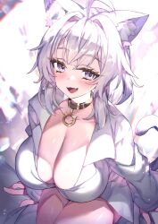 Rule 34 | 1girl, alternate breast size, animal ear fluff, animal ears, black collar, breasts, cat ears, cat girl, cat tail, cleavage, collar, commentary, english commentary, fang, highres, hololive, large breasts, looking at viewer, nekomata okayu, nekomata okayu (oversized shirt), open mouth, purple eyes, purple hair, redcomet, shirt, short hair, skin fang, smile, solo, tail, thighs, virtual youtuber, white shirt