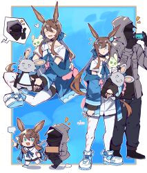 Rule 34 | 1girl, 1other, absurdres, alternate costume, amiya (arknights), animal ears, animalization, arknights, arm at side, black footwear, black gloves, black shirt, black shorts, blue background, blue bow, blue bowtie, blue eyes, blue jacket, blue pants, blush, border, bow, bowtie, box, brown hair, cellphone, chibi, choshanland plushy (arknights), closed eyes, commentary, doctor (arknights), english commentary, full body, gloves, graysheartart, grey jacket, happy, highres, holding, holding box, holding phone, inset border, jacket, jewelry, kal&#039;tsit (arknights), layered sleeves, long hair, mask, multiple rings, multiple views, open mouth, pants, pantyhose, phone, pointing, rabbit ears, rabbit girl, ring, shirt, shoes, shorts, signature, smile, sneakers, sparkle, speech bubble, standing, t-shirt, taking picture, thumbs up, white footwear, white pantyhose, white shirt