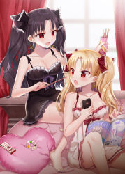 Rule 34 | 2girls, :d, :o, bare arms, bare shoulders, barefoot, black dress, black hair, black ribbon, blonde hair, blush, book, breasts, cellphone, cleavage, collarbone, curtains, dress, earrings, ereshkigal (fate), fate/grand order, fate (series), food, frilled dress, frills, hair ribbon, heart, heart-shaped pillow, holding, holding phone, hoop earrings, indoors, ishtar (fate), jewelry, large breasts, light particles, long hair, multiple girls, naomi (fantasia), open book, open mouth, parted bangs, phone, pillow, pocky, red eyes, red ribbon, ribbon, sitting, smile, spaghetti strap, two side up, white dress, window