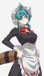 Rule 34 | 1girl, alternate costume, apron, aqua hair, black dress, blush, bow, bowtie, collar, commentary, cowboy shot, dress, enmaided, frilled apron, frilled collar, frills, frown, green eyes, grey background, hair between eyes, hat, high collar, highres, japari symbol, kemono friends, kemono friends 3, long dress, long sleeves, looking at viewer, low twintails, maid, maid apron, medium hair, mob cap, official alternate costume, red bow, red bowtie, short hair, sidelocks, simple background, sleeve cuffs, snake print, snake tail, solo, striped tail, tail, tanabe (fueisei), tsuchinoko (kemono friends), twintails, waist apron, white apron