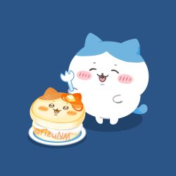 Rule 34 | :3, :d, ^ ^, artist name, blue background, blush, blush stickers, butter, character food, chiikawa, closed eyes, commentary request, cream, fangs, food, fork, hachiware (chiikawa), holding, holding fork, no humans, open mouth, pancake, plate, rizu (rizunm), shadow, simple background, smile, solo, syrup, twitter username