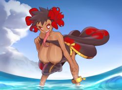 Rule 34 | 1girl, banette, beach, breasts, brown hair, cosplay, creatures (company), flower, game freak, gen 3 pokemon, hair flower, hair ornament, highres, huge breasts, large areolae, large breasts, long tongue, mega banette, mega banette (cosplay), mega pokemon, mystical, nintendo, nipples, open clothes, open mouth, phoebe (pokemon), pokemon, pokemon sm, red flower, short hair, solo, tongue, tongue out, water