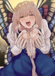 Rule 34 | 1boy, after blowjob, after fellatio, black wings, blonde hair, blue dress, blue eyes, blue wings, blush, butterfly wings, commentary request, crown, cum, cum in hand, cum in mouth, cum on hands, cum on tongue, diamond crown, diamond hairband, dress, facial, fate/grand order, fate (series), frilled sleeves, frills, grass, hairband, half-closed eyes, hands up, heavy breathing, highres, insect wings, long sleeves, looking at viewer, male focus, multicolored clothes, multicolored dress, multicolored wings, oberon (fate), open mouth, outdoors, pov, puffy long sleeves, puffy sleeves, red wings, sausu hitori, shade, smile, solo, tagme, teeth, tilted headwear, tongue, tongue out, trap, tree shade, white dress, wings, yaoi, yellow dress, yellow hairband, yellow headwear, yellow trim, yellow wings