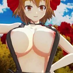 1girl 3d aki_minoriko animated arms_up breasts brown_eyes brown_hair cleavage large_breasts looking_at_viewer mofumoko5 naked_suspenders navel nipple_slip nipples panties pantyshot short_hair sideboob skirt solo suspenders tagme topless touhou underwear video