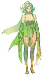 Rule 34 | 1990s (style), 1girl, bad id, bad tumblr id, boots, breasts, cape, detached sleeves, final fantasy, final fantasy iv, full body, green eyes, green footwear, green hair, green lips, green theme, green thighhighs, hair ornament, lipstick, makeup, matching hair/eyes, retro artstyle, robaato, rydia (ff4), sash, short hair, signature, sketch, solo, thighhighs, white background