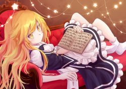 Rule 34 | 1girl, absurdres, book, couch, highres, indoors, kirisame marisa, looking at viewer, no shoes, ramie (ramie541), relaxing, socks, star (symbol), touhou, witch