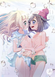 Rule 34 | 2girls, bare shoulders, beanie, black hair, blonde hair, blue eyes, blush, breasts, bubble, chorimokki, content rating, creatures (company), eyebrows hidden by hair, face-to-face, female focus, game freak, green eyes, green shorts, hat, lillie (pokemon), long hair, multiple girls, nintendo, nipples, nipples touching, no shirt, open mouth, panties, pantyshot, pleated skirt, pokemon, pokemon sm, red hat, selene (pokemon), short hair, short shorts, shorts, skirt, small breasts, smile, standing, topless, underwater, underwear, z-ring