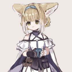 Rule 34 | 1girl, animal ears, arknights, bare shoulders, black gloves, blue hairband, blush, closed mouth, clothing cutout, commentary request, cup, dress, fox ears, fox girl, frilled sleeves, frills, gloves, green eyes, grey background, hairband, highres, holding, holding cup, multicolored hair, niwatori (akira 207), short hair, short sleeves, shoulder cutout, simple background, single glove, single wrist cuff, smile, solo, suzuran (arknights), two-tone hair, upper body, white hair, wrist cuffs