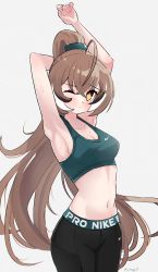 Rule 34 | 1girl, absurdres, ahoge, arms up, brown eyes, brown hair, crop top, hair ornament, hairclip, highres, hololive, hololive english, long hair, looking at viewer, magui3, midriff, multicolored hair, nanashi mumei, navel, nike (company), one eye closed, pants, ponytail, scrunchie, sports bra, streaked hair, stretching, sweat, tank top, very long hair, virtual youtuber, workout clothes, yoga pants