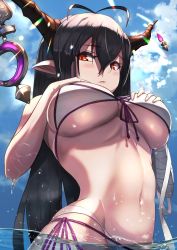 Rule 34 | 1girl, announ (kurotya), antenna hair, bandages, bandaged arm, bandages, bikini, black hair, blue sky, blush, breasts, cloud, danua, day, draph, front-tie bikini top, front-tie top, granblue fantasy, groin, hair between eyes, head out of frame, highres, horn ornament, horns, large breasts, long hair, looking at viewer, navel, outdoors, pointy ears, purple hair, red eyes, side-tie bikini bottom, skindentation, sky, solo, stomach, swimsuit, toned, underboob, wading, wet