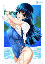 Rule 34 | 1girl, absurdres, alternate breast size, alternate costume, aoki reika, blue eyes, blue hair, breasts, competition swimsuit, cowboy shot, day, hair ornament, hairclip, highres, lifting own clothes, looking at viewer, medium breasts, one-piece swimsuit, open mouth, outdoors, palm tree, precure, shirt, smile precure!, solo, sun, sunlight, swimsuit, swimsuit under clothes, takaishi fuu, tree, water, water drop, wet, wet clothes, wet shirt, wet swimsuit