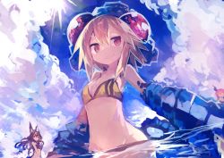 Rule 34 | 3girls, absurdres, animal ears, bikini, blonde hair, bottomless, breasts, day, fang, highres, kaamin (mariarose753), monster girl, multiple girls, original, outdoors, partially submerged, red eyes, small breasts, smile, swimsuit, tail, tokage (kaamin), water