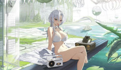 1girl bare_shoulders bra breasts cleavage collarbone crossed_legs grey_eyes highres k.pumpkin large_breasts long_hair long_tongue looking_at_viewer navel open_mouth original panties sitting solo thighs tongue tongue_out underwear white_bra white_hair white_panties