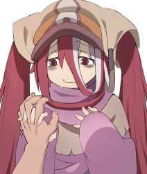 Rule 34 | 1boy, 1girl, absurdres, bags under eyes, bitseon, closed mouth, embarrassed, hands up, hat, head scarf, hetero, highres, holding hands, holding hands is lewd, long hair, made in abyss, purple robe, red eyes, red hair, robe, simple background, smile, sweat, twintails, vueko, white background