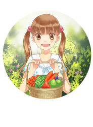 Rule 34 | 1girl, :d, basket, brown eyes, brown hair, carrot, eggplant, food, kawamoto hinata, looking at viewer, matching hair/eyes, open mouth, outdoors, pepper, sangatsu no lion, smile, solo, summer worm, twintails
