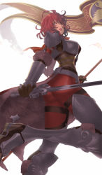 Rule 34 | 1girl, armor, ass, bad id, bad pixiv id, banner, black gloves, bodysuit, breastplate, coattails, dual wielding, flag, from below, gloves, greaves, highres, hildegard von krone, holding, knight, lance, lips, lipstick, looking at viewer, makeup, mole, mole under mouth, pauldrons, polearm, purple eyes, red hair, short hair, shoulder armor, skin tight, solo, soul calibur, soulcalibur, soulcalibur iv, soulcalibur v, souma kira, spurs, sword, weapon