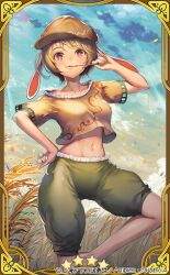 Rule 34 | animal ears, blonde hair, blue sky, brown hat, cabbie hat, card (medium), commentary, dango, eating, falling leaves, field, floppy ears, food, frilled shirt collar, frilled shorts, frills, green shorts, hand on own hip, hat, holding, holding stick, leaf, midriff, moon print, official art, orange eyes, orange shirt, puffy short sleeves, puffy sleeves, rabbit ears, ringo (touhou), shirt, short hair, short sleeves, shorts, sky, standing, standing on one leg, star (symbol), star print, stick, takanori yamada, touhou, touhou cannonball, tsukimi dango, wagashi, wheat field