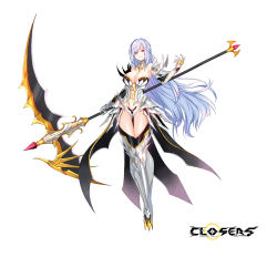 Rule 34 | 1girl, bandages, breasts, closers, full body, highres, large breasts, looking at viewer, mirae (closers), navel, official art, red eyes, scythe, solo, transparent background, weapon, white hair