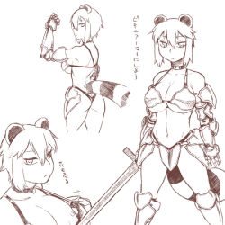 1girl animal_ears araiguma-san armor ass bikini_armor breasts choker cleavage collage expressionless faulds female_focus gauntlets large_breasts monochrome navel nipples original raccoon_ears raccoon_tail short_hair solo strap_gap strap_pull sword tail tsukudani_(coke-buta) underboob weapon