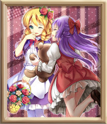 Rule 34 | 2girls, basket, bison cangshu, blonde hair, bow, braid, dress, ellen (majo no ie), flower, green eyes, hair bow, hair flower, hair ornament, hand to own mouth, happy, long hair, majo no ie, mary janes, multiple girls, picture frame, purple hair, rose, shoes, smile, twin braids, viola (majo no ie)