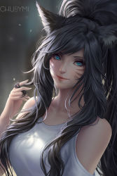 Rule 34 | 1girl, ahri (league of legends), animal ears, bare shoulders, black hair, blue eyes, breasts, chuby mi, closed mouth, facial mark, fox ears, highres, holding, holding hair, league of legends, long hair, looking at viewer, medium breasts, shirt, smile, solo, upper body, white shirt