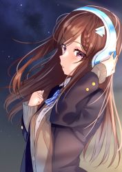 Rule 34 | 1girl, bad id, bad pixiv id, black jacket, blazer, blouse, blue bow, bow, braid, braided bangs, breasts, brown cardigan, brown hair, cardigan, closed mouth, cocoa music, commentary request, diagonal stripes, doumyouji cocoa, dress shirt, hair ornament, hairclip, hand on headphones, hands up, headphones, highres, jacket, long hair, long sleeves, open clothes, open jacket, purple eyes, school uniform, shirt, sleeves past wrists, small breasts, solo, striped, striped bow, tsukiman, upper body, very long hair, virtual youtuber, white shirt