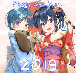 Rule 34 | 2019, 2girls, :d, animal, bare shoulders, blue hair, blue kimono, blush, boar, calligraphy brush, chinese zodiac, collarbone, commentary request, covering own mouth, egasumi, ema, fang, floral print, flower, fur collar, hair flower, hair ornament, hairclip, happy new year, holding, holding paintbrush, japanese clothes, kimono, long sleeves, migumi (niiya), minami (niiya), multiple girls, new year, niiya, obi, off shoulder, open mouth, original, paintbrush, print kimono, purple eyes, red kimono, sash, smile, twintails, white flower, wide sleeves, year of the pig