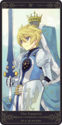 Rule 34 | 00s, 1boy, aqua background, armor, blonde hair, blue eyes, flynn scifo, gradient background, male focus, md5 mismatch, motoko (ambiy), resolution mismatch, rounded corners, shield, solo, source larger, surcoat, sword, tales of (series), tales of vesperia, tarot, tarot (medium), the emperor (tarot), weapon, white background
