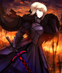Rule 34 | 1girl, armor, armored dress, artoria pendragon (all), artoria pendragon (fate), blonde hair, breastplate, cape, cloud, dark persona, excalibur morgan (fate), fate/stay night, fate (series), fire, fur-trimmed cape, fur trim, gauntlets, highres, holding, holding sword, holding weapon, looking away, parted lips, planted, planted sword, planted weapon, saber (fate), saber alter, shigure s, sky, slit pupils, solo, sparks, sword, torn cape, torn clothes, weapon, yellow eyes