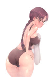 Rule 34 | 1girl, ass, bakushiishi at, bare arms, bare back, bare shoulders, black-framed eyewear, black one-piece swimsuit, blush, braid, braided ponytail, breasts, casual one-piece swimsuit, commentary request, cowboy shot, from behind, glasses, hand on own hip, holding, holding towel, hoshina tomoko, large breasts, leaning forward, long hair, looking at viewer, looking back, mole, mole under mouth, one-piece swimsuit, over-rim eyewear, parted bangs, purple hair, semi-rimless eyewear, shiny skin, simple background, single braid, solo, swimsuit, to heart, to heart (series), towel, white background