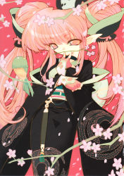 Rule 34 | bird, blade (galaxist), cherry blossoms, fingerless gloves, gloves, highres, japanese clothes, kimono, long hair, pink background, pink eyes, pink hair, pink theme, pointy ears, scan, simple background, solo, twintails