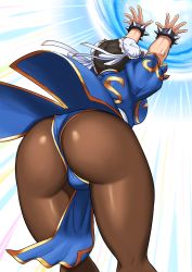 Rule 34 | 1girl, ass, bent over, black hair, blush, boots, breasts, brown eyes, brown pantyhose, bun cover, capcom, china dress, chinese clothes, chun-li, double bun, dress, from behind, hair bun, highres, huge ass, kikouken, large breasts, leaning, leaning forward, multiple views, pantyhose, parted lips, shigenobu, short hair, sideboob, simple background, solo, street fighter, thong, white background