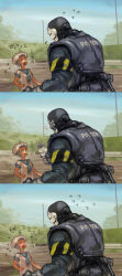 Rule 34 | 1boy, 1girl, android, appleseed, armor, child, comic, cyberpunk, flying sweatdrops, flying teardrops, highres, kotus, long image, mask, park, parody, police, police uniform, sage (mami1210), sailor, scared, science fiction, size difference, tall image, tears, uniform