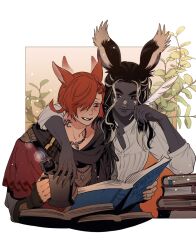 Rule 34 | 1boy, 1girl, 5altybitter5, animal ears, archon mark, arm around neck, blush, book, book stack, cat ears, cup, dark-skinned female, dark skin, ear wiggle, feathers, final fantasy, final fantasy xiv, highres, holding, holding book, holding cup, holding feather, jewelry, miqo&#039;te, mug, multicolored hair, neck tattoo, necklace, rabbit ears, reading, red eyes, red hair, shirt, smile, streaked hair, tattoo, viera, warrior of light (ff14), white shirt