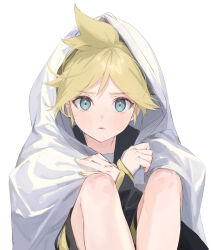 Rule 34 | 1boy, black shorts, blanket, blonde hair, blue eyes, commentary request, covering with blanket, highres, kagamine len, knees to chest, looking at viewer, male focus, naoko (naonocoto), parted lips, short hair, shorts, simple background, solo, straight-on, upper body, vocaloid, white background, yellow nails